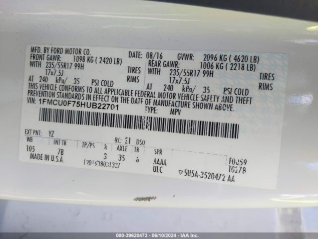 1FMCU0F75HUB22701 Ford ESCAPE S
