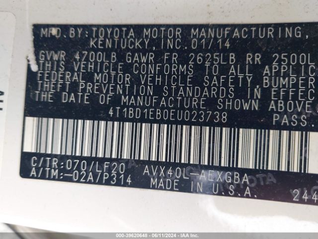 4T1BD1EB0EU023738 Toyota Avalon Hybrid Xle Premium