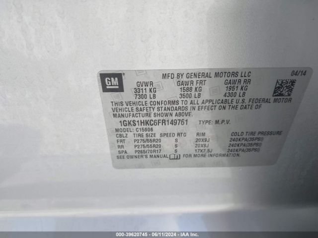 1GKS1HKC6FR149761 GMC Yukon Xl 1500 Slt