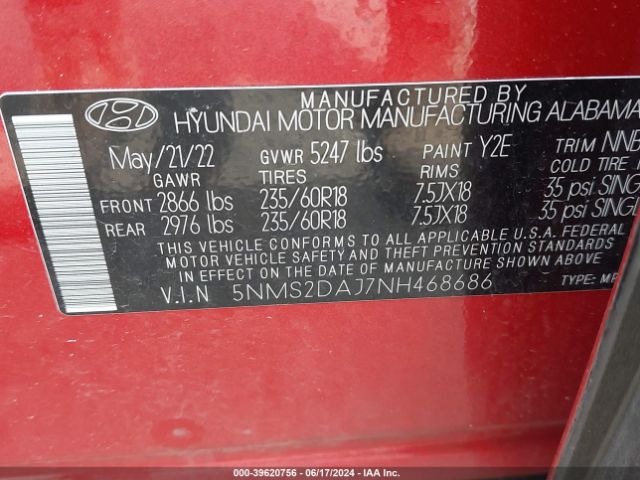 5NMS2DAJ7NH468686 Hyundai Santa Fe Sel