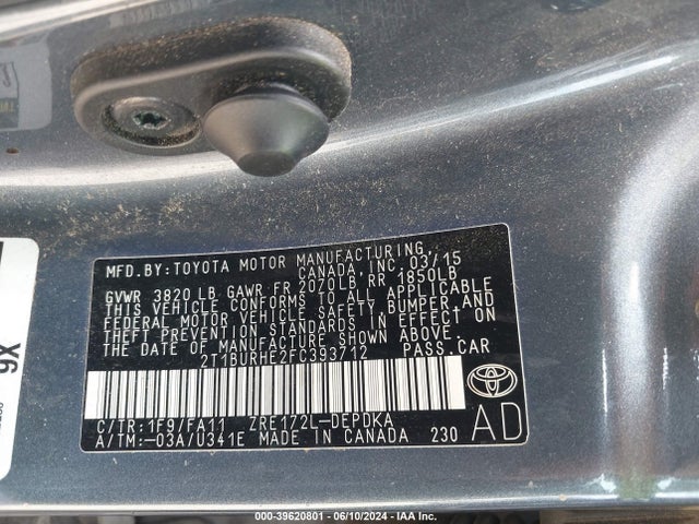 Toyota COROLLA L 2015 2T1BURHE2FC393712 Image 9
