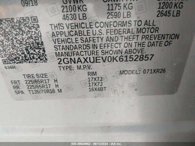 Chevrolet EQUINOX LT 2019 2GNAXUEV0K6152857 Image 9