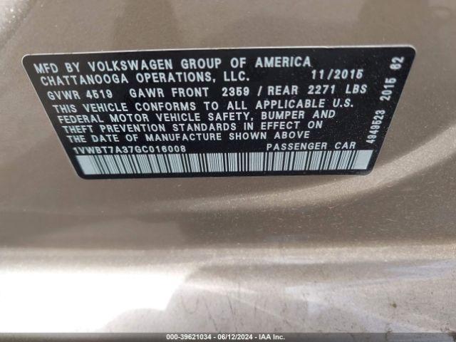 1VWBT7A37GC016008 Volkswagen Passat 1.8t Se