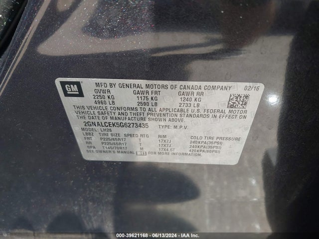 Chevrolet EQUINOX LT 2016 2GNALCEK5G6273435 Image 9