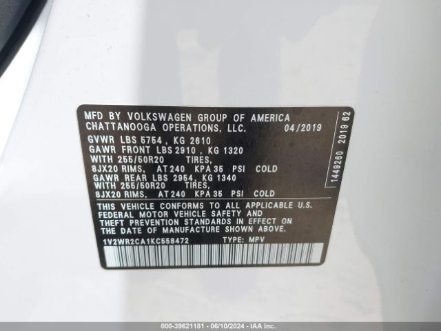 1V2WR2CA1KC558472 Volkswagen Atlas 3.6l V6 Se W/technology