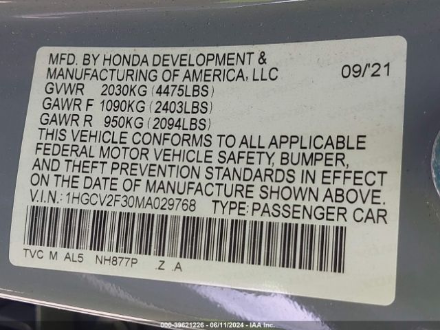 1HGCV2F30MA029768 Honda Accord Sport 2.0t