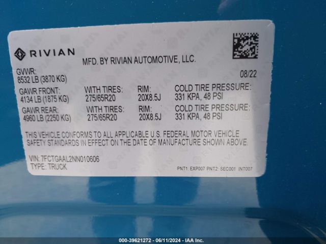 2022 RIVIAN R1T 7FCTGAAL2NN010606 Photo 8