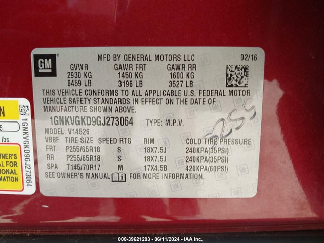 Chevrolet Traverse 1lt 2016 1GNKVGKD9GJ273064 Image 9