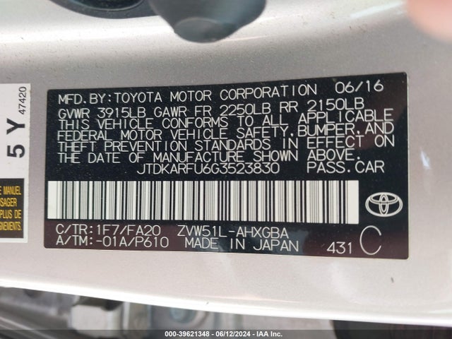 JTDKARFU6G3523830 Toyota Prius Three