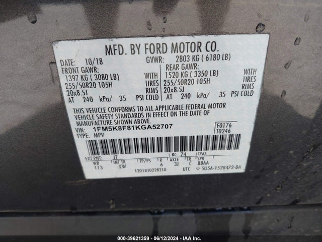 Ford Explorer Limited 2019 1FM5K8F81KGA52707 Image 9
