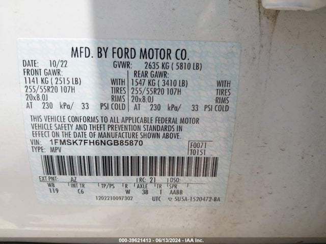 Ford Explorer Limited 2022 1FMSK7FH6NGB85870 Image 9