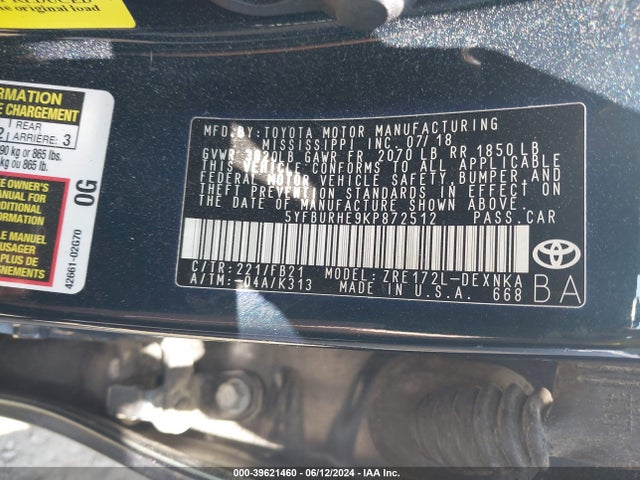 Toyota COROLLA LE 2019 5YFBURHE9KP872512 Image 9