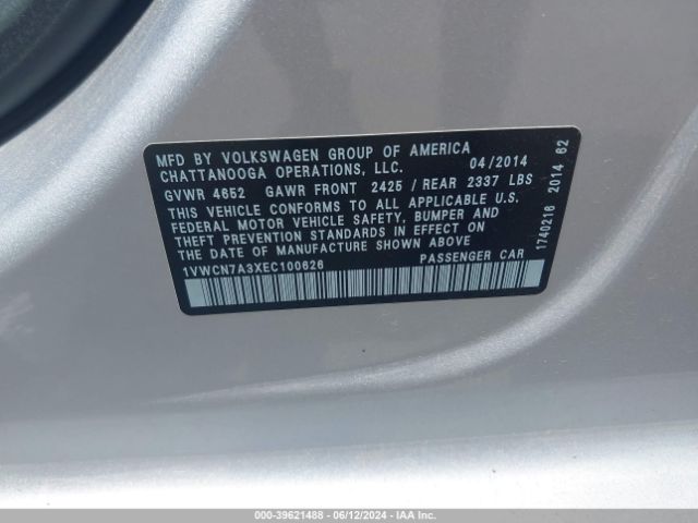 1VWCN7A3XEC100626 Volkswagen Passat 2.0l Tdi Sel Premium