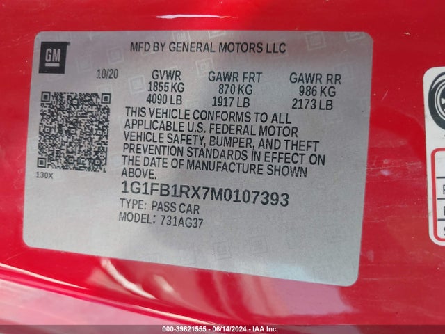 Chevrolet Camaro Rwd  1ls 2021 1G1FB1RX7M0107393 Image 9