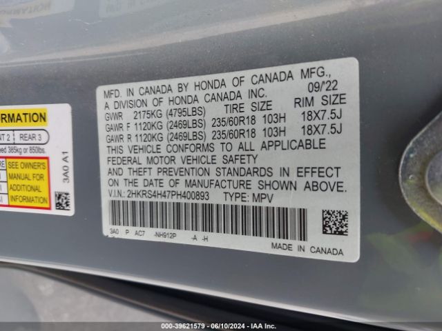 2HKRS4H47PH400893 Honda Cr-v Ex Awd
