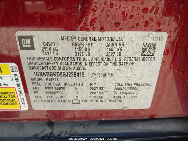 Chevrolet Traverse 1lt 2016 1GNKRGKD9GJ228419 Image 9