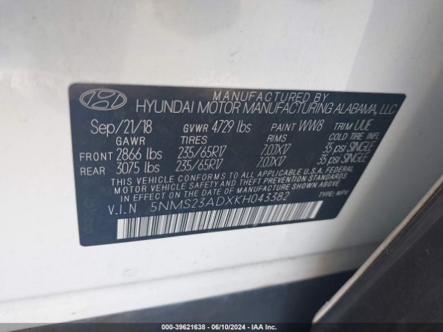 5NMS23ADXKH043382 Hyundai Santa Fe Se