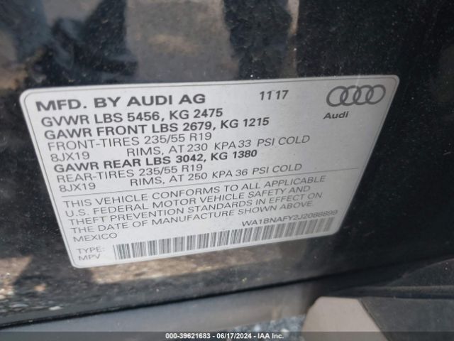 WA1BNAFY2J2088899 Audi Q5 2.0t Premium/2.0t Tech Premium