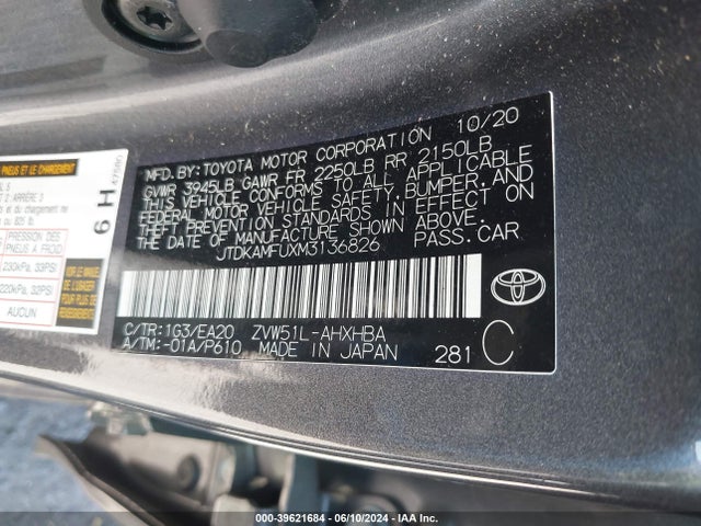 Toyota PRIUS XLE 2021 JTDKAMFUXM3136826 Image 9