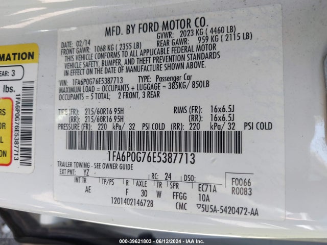 Ford FUSION S 2014 1FA6P0G76E5387713 Image 9