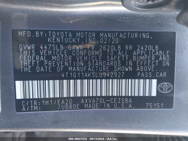 Toyota CAMRY SE 2020 4T1G11AK5LU942927 Image 9