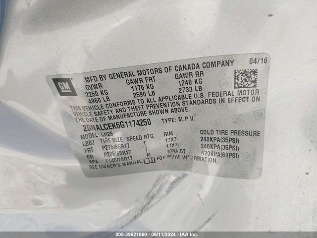 Chevrolet EQUINOX LT 2016 2GNALCEK6G1174250 Image 9