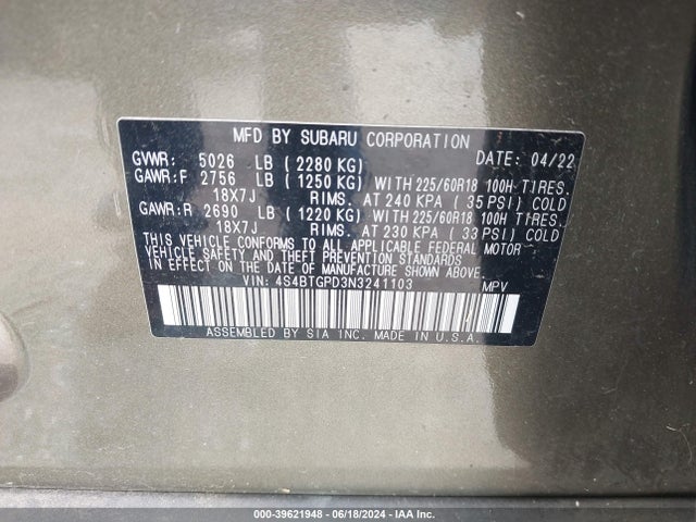 4S4BTGPD3N3241103 Subaru Outback Touring Xt