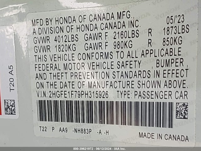 Honda Civic Ex /ex W/o Bsi 2023 2HGFE1F79PH315926 Image 9
