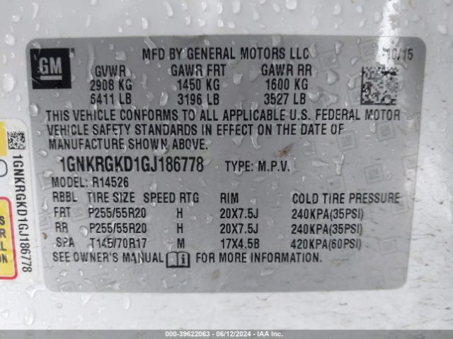 1GNKRGKD1GJ186778 Chevrolet Traverse 1lt