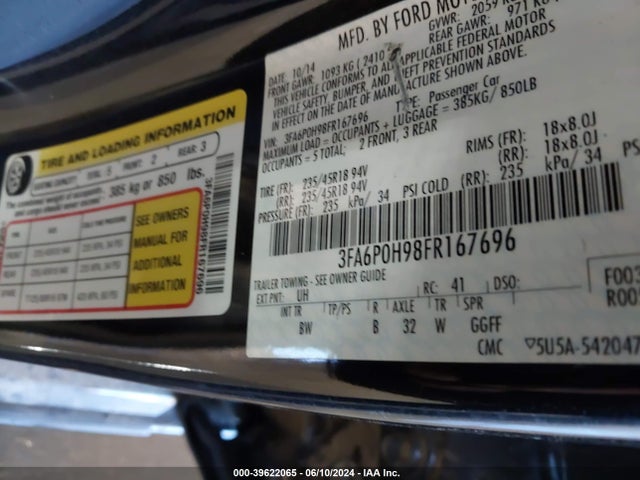 Ford FUSION SE 2015 3FA6P0H98FR167696 Image 9