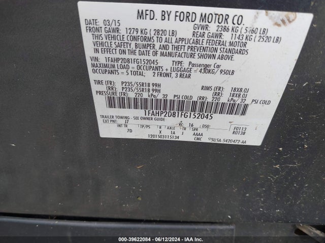 Ford TAURUS SE 2015 1FAHP2D81FG152045 Image 9