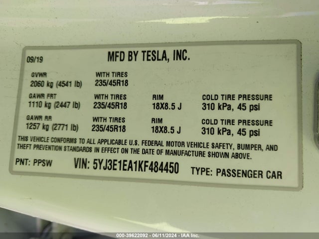 Tesla Model 3 Long Range/mid Range/standard Range/standard Range Plus 2019 5YJ3E1EA1KF484450 Image 9