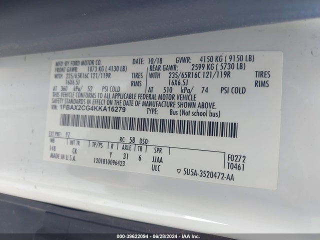 Ford Transit-350 Xlt 2019 1FBAX2CG4KKA16279 Image 9