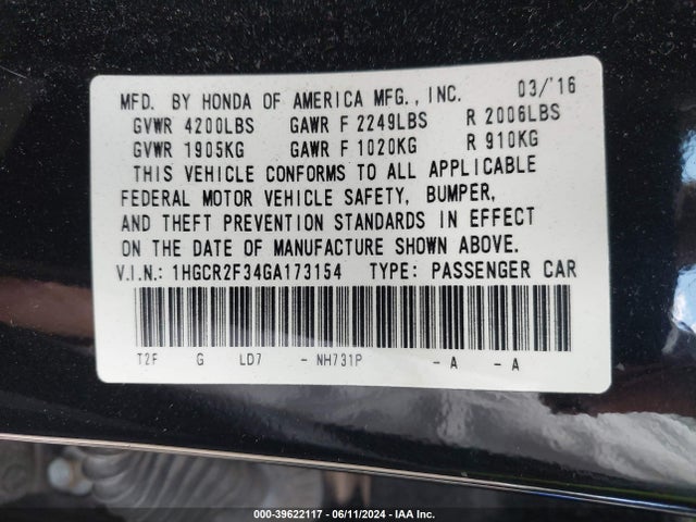 Honda ACCORD LX 2016 1HGCR2F34GA173154 Image 9