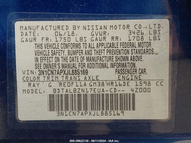 3N1CN7APXJL885169 Nissan Versa 1.6 Sv