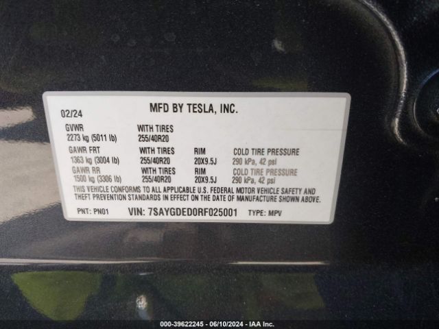 7SAYGDED0RF025001 Tesla Model Y Rwd