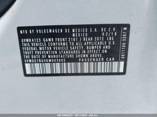 3VWG57BU4KM003893 Volkswagen Jetta 1.4t Sel Premium