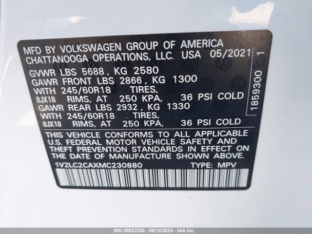 1V2LC2CAXMC230880 Volkswagen Atlas Cross Sport 2.0t Se
