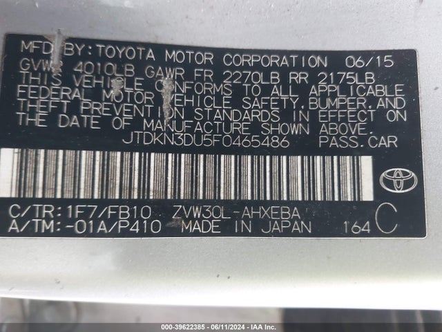 Toyota Prius Two 2015 JTDKN3DU5F0465486 Image 9