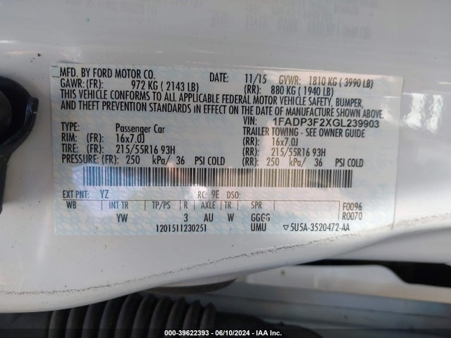Ford FOCUS SE 2016 1FADP3F2XGL239903 Image 9