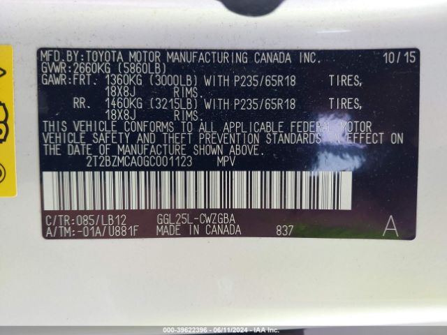 2T2BZMCA0GC001123 Lexus RX 350