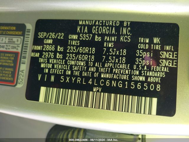5XYRL4LC6NG156508 KIA SORENTO S