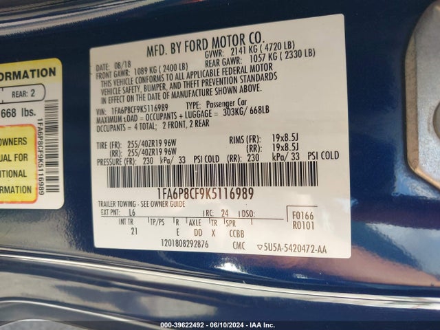 Ford MUSTANG GT 2019 1FA6P8CF9K5116989 Image 9