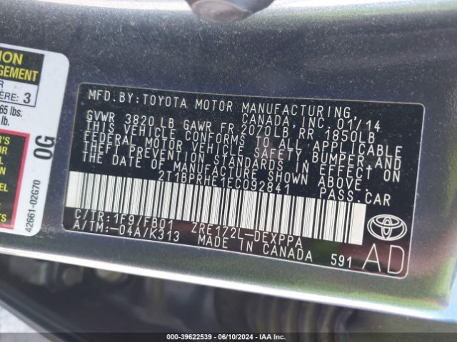 2T1BPRHE1EC092841 Toyota Corolla Le Eco Plus