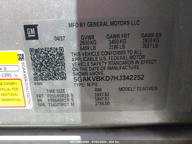 5GAKVBKD7HJ342252 Buick Enclave Leather