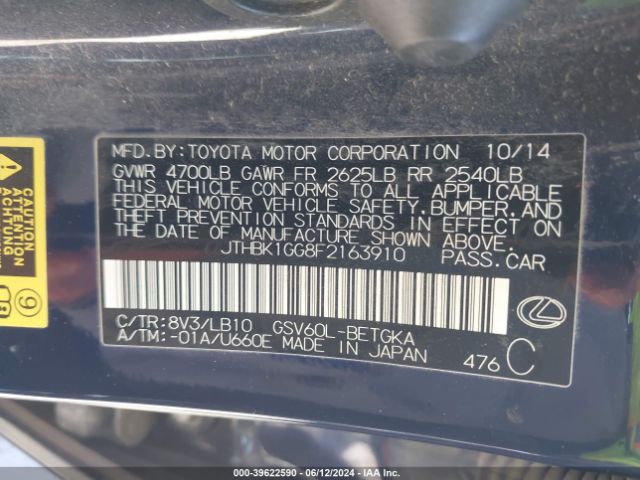 JTHBK1GG8F2163910 Lexus ES 350