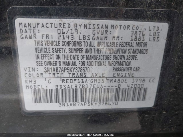 Nissan SENTRA S 2019 3N1AB7AP5KY378670 Image 9
