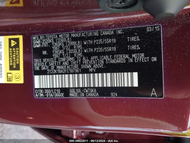 2T2ZK1BA2FC187961 Lexus RX 350