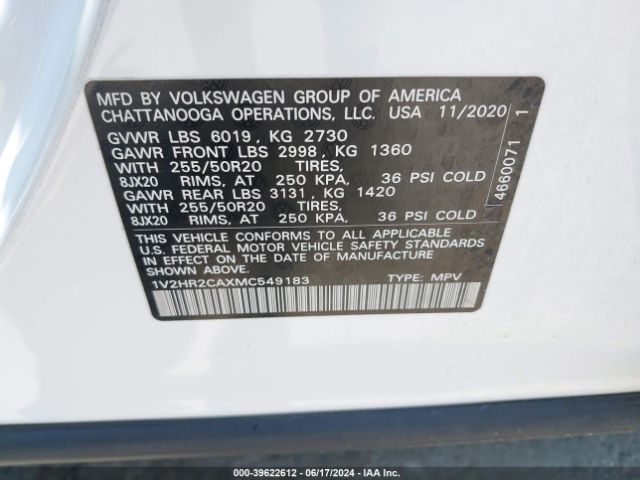 1V2HR2CAXMC549183 Volkswagen Atlas 3.6l V6 Se W/technology