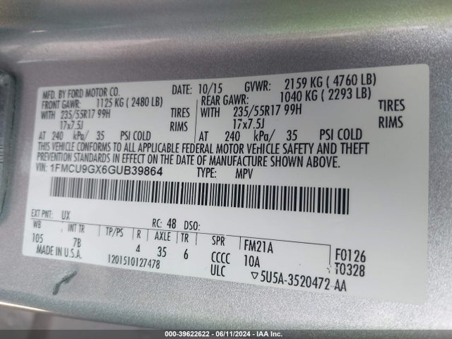 Ford ESCAPE SE 2016 1FMCU9GX6GUB39864 Image 9